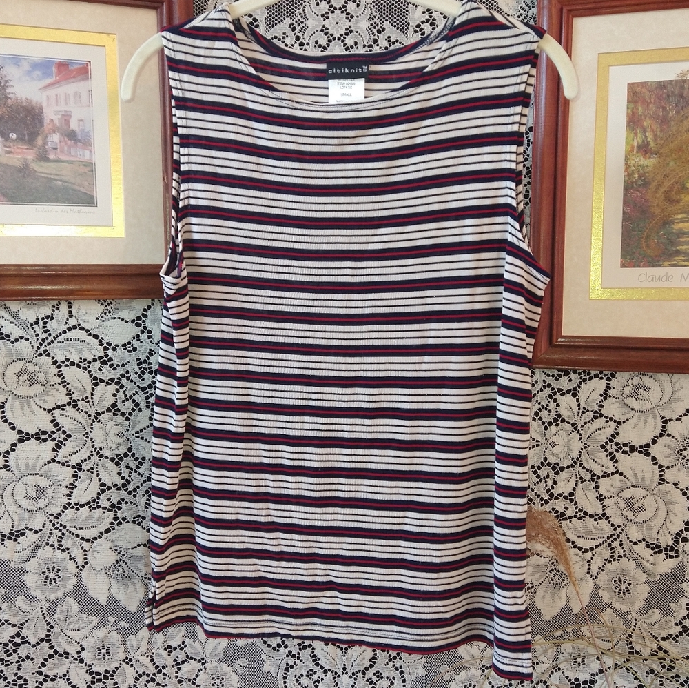 Citiknits white black and red sleeveless super stretchy classic striped top